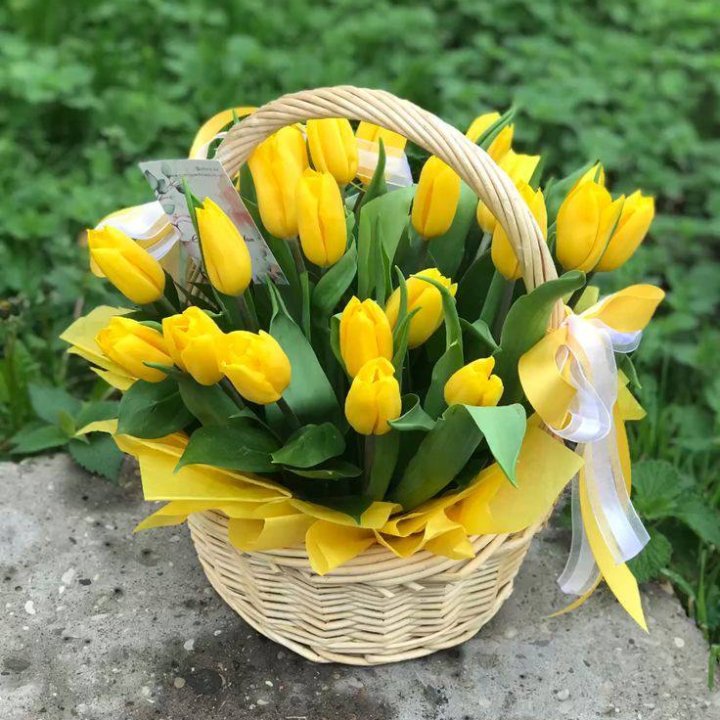 25 желтых тюльпанов в корзине в Рязани