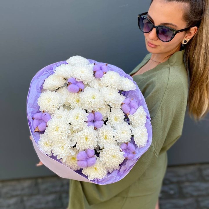  Букет  хризантем и хлопка в Рязани